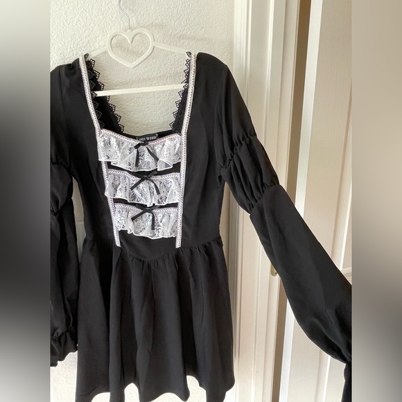 dark in love Dresses & Skirts - Black Gothic Lolita medium length dress with puffy sleeves and white lace design